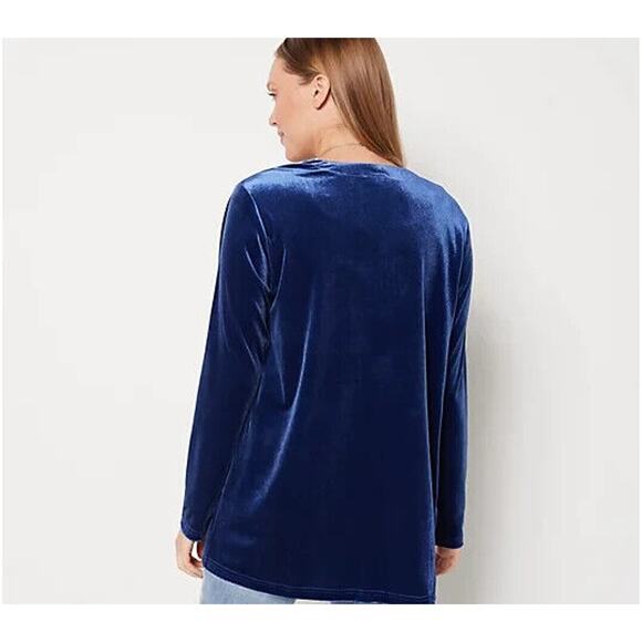 QUACKER FACTORY NEW $63 Velvet Stretch Drape Front Cardigan Light Navy Large - Picture 2 of 3